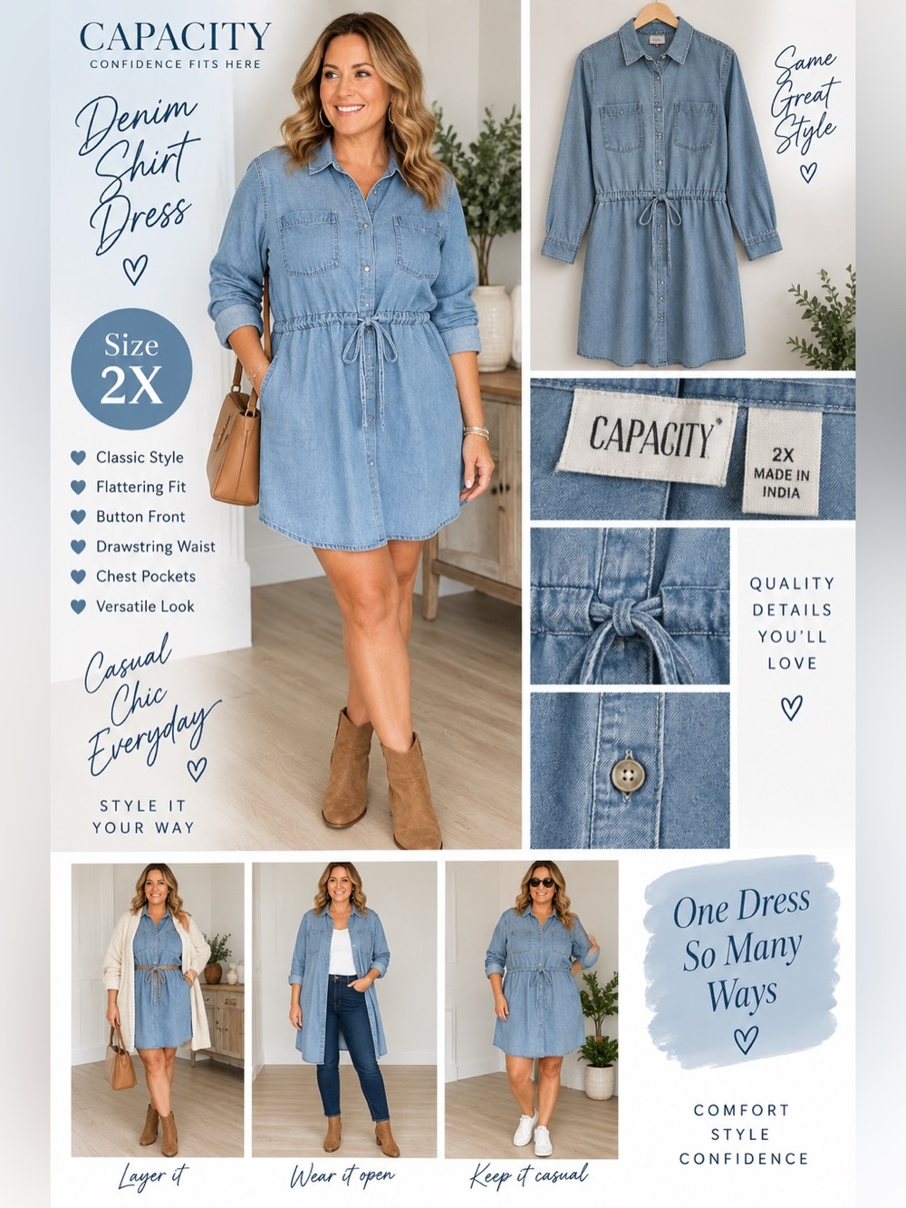 Capacity Woman Plus Size 2X Denim Shirt Dress Blue Button Front